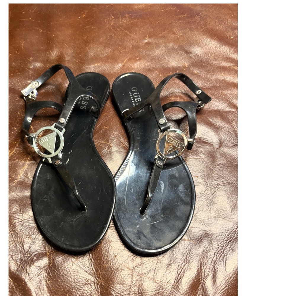 Guess Womens Black Jelly T-Strap Thong Sandals Silver Logo WGREPLACE-T Size 8M